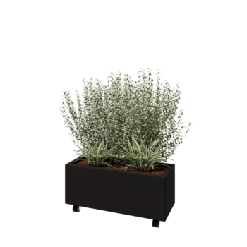 Jardinieră din oțel - Dreptunghiular - 80 x 30 x 30 cm - RAL9005 mat (negru) - Cu placă de bază - Cu roți