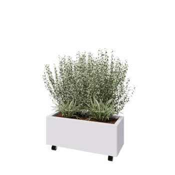 Jardinieră din oțel - Dreptunghiular - 80 x 30 x 30 cm - RAL9010 mat (alb) - Cu placă de bază - Cu roți
