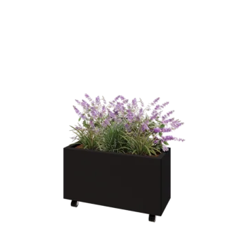 Jardinieră din oțel - Dreptunghiular - 80 x 30 x 40 cm - RAL9005 mat (negru) - Cu placă de bază - Cu roți