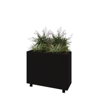 Jardinieră din oțel - Dreptunghiular - 80 x 30 x 60 cm - RAL9005 mat (negru) - Cu placă de bază - Cu roți