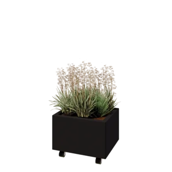 Jardinieră din oțel - Dreptunghiular - 50 x 40 x 30 cm - RAL9005 mat (negru) - Cu placă de bază - Cu roți