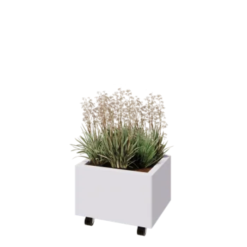 Jardinieră din oțel - Dreptunghiular - 50 x 40 x 30 cm - RAL9010 mat (alb) - Cu placă de bază - Cu roți