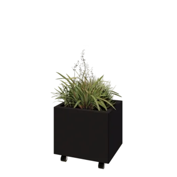 Jardinieră din oțel - Dreptunghiular - 50 x 40 x 40 cm - RAL9005 mat (negru) - Cu placă de bază - Cu roți