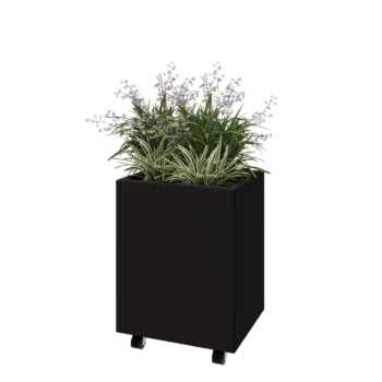 Jardinieră din oțel - Dreptunghiular - 50 x 40 x 60 cm - RAL9005 mat (negru) - Cu placă de bază - Cu roți