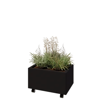 Jardinieră din oțel - Dreptunghiular - 60 x 40 x 30 cm - RAL9005 mat (negru) - Cu placă de bază - Cu roți