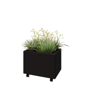 Jardinieră din oțel - Dreptunghiular - 60 x 40 x 40 cm - RAL9005 mat (negru) - Cu placă de bază - Cu roți