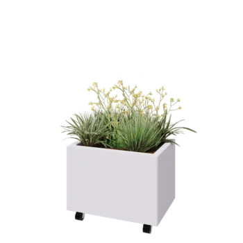 Jardinieră din oțel - Dreptunghiular - 60 x 40 x 40 cm - RAL9010 mat (alb) - Cu placă de bază - Cu roți