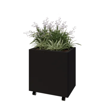 Jardinieră din oțel - Dreptunghiular - 60 x 40 x 60 cm - RAL9005 mat (negru) - Cu placă de bază - Cu roți
