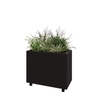 Jardinieră din oțel - Dreptunghiular - 80 x 40 x 60 cm - RAL9005 mat (negru) - Cu placă de bază - Cu roți