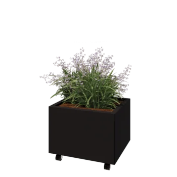 Jardinieră din oțel - Dreptunghiular - 60 x 50 x 40 cm - RAL9005 mat (negru) - Cu placă de bază - Cu roți