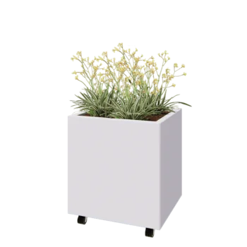 Jardinieră din oțel - Dreptunghiular - 60 x 50 x 60 cm - RAL9010 mat (alb) - Cu placă de bază - Cu roți