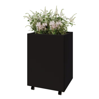 Jardinieră din oțel - Dreptunghiular - 60 x 50 x 80 cm - RAL9005 mat (negru) - Cu placă de bază - Cu roți