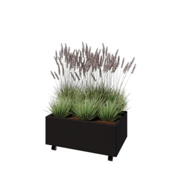 Jardinieră din oțel - Dreptunghiular - 80 x 50 x 30 cm - RAL9005 mat (negru) - Cu placă de bază - Cu roți