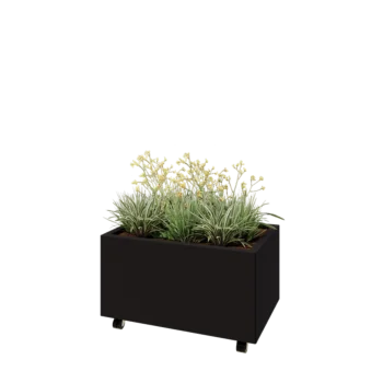 Jardinieră din oțel - Dreptunghiular - 80 x 50 x 40 cm - RAL9005 mat (negru) - Cu placă de bază - Cu roți