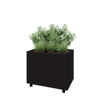 Jardinieră din oțel - Dreptunghiular - 80 x 50 x 60 cm - RAL9005 mat (negru) - Cu placă de bază - Cu roți