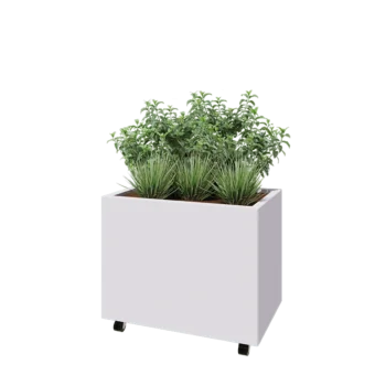 Jardinieră din oțel - Dreptunghiular - 80 x 50 x 60 cm - RAL9010 mat (alb) - Cu placă de bază - Cu roți