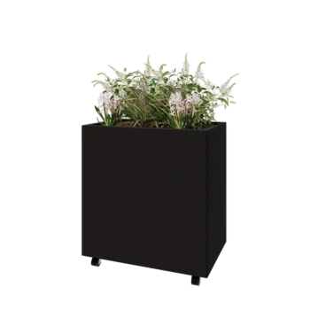Jardinieră din oțel - Dreptunghiular - 80 x 50 x 80 cm - RAL9005 mat (negru) - Cu placă de bază - Cu roți