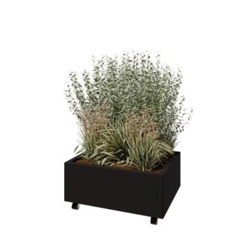 Jardinieră din oțel - Dreptunghiular - 80 x 60 x 30 cm - RAL9005 mat (negru) - Cu placă de bază - Cu roți