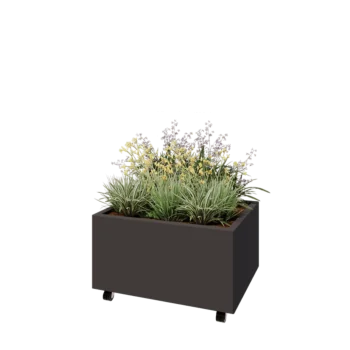 Jardinieră din oțel - Dreptunghiular - 80 x 60 x 40 cm - RAL7016 mat (gri antracit) - Cu placă de bază - Cu roți
