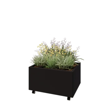 Jardinieră din oțel - Dreptunghiular - 80 x 60 x 40 cm - RAL9005 mat (negru) - Cu placă de bază - Cu roți
