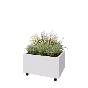 Jardinieră din oțel - Dreptunghiular - 80 x 60 x 40 cm - RAL9010 mat (alb) - Cu placă de bază - Cu roți