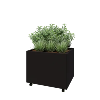 Jardinieră din oțel - Dreptunghiular - 80 x 60 x 60 cm - RAL9005 mat (negru) - Cu placă de bază - Cu roți