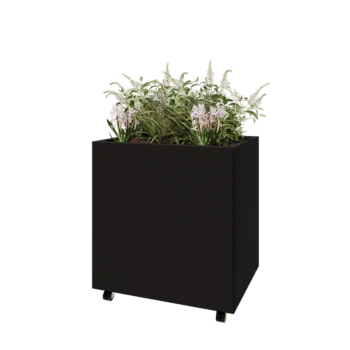 Jardinieră din oțel - Dreptunghiular - 80 x 60 x 80 cm - RAL9005 mat (negru) - Cu placă de bază - Cu roți