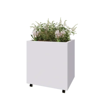 Jardinieră din oțel - Dreptunghiular - 80 x 60 x 80 cm - RAL9010 mat (alb) - Cu placă de bază - Cu roți